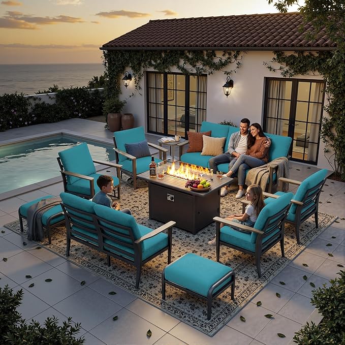 11-Seat Outdoor Patio Furniture Set with Rocking Swivel Chair, Aluminum Sectional Sofa with Ottomans Patio Conversation Set with 55,000 BTU Fire Pit Table & High Backrest, Turquoise