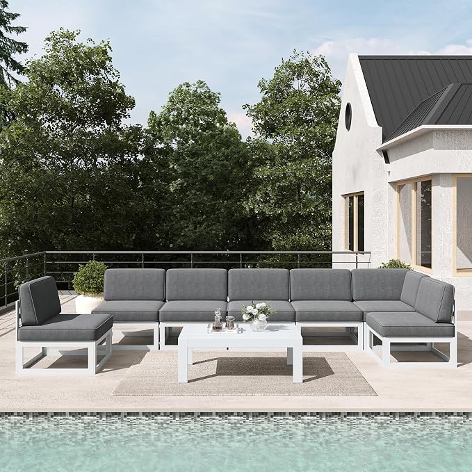 LayinSun 8 Pieces Modern Aluminum Patio Furniture Set with Coffee Table, Outdoor Modular Sectional Conversation Set L-Shaped Sofa for Backyard