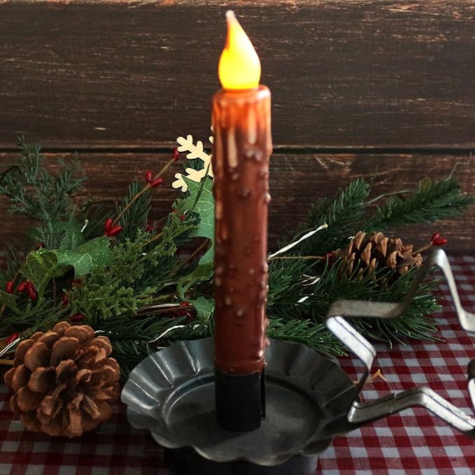 CVHOMEDECO. Real Wax Hand Dipped Battery Operated LED Timer Taper Candles Country Primitive Flameless Lights Décor, 6-3/4 Inch, Coffee, 2 PCS in a Package