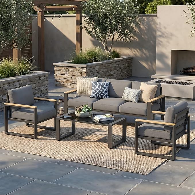 Aluminum Outdoor Patio Furniture Set with Height-adjustable Footrest for Lawn Porches Patio, 5-Seats All-weather Patio Sofa Sets with Coffee Table, Modern Outdoor Patio Conversation set, Grey