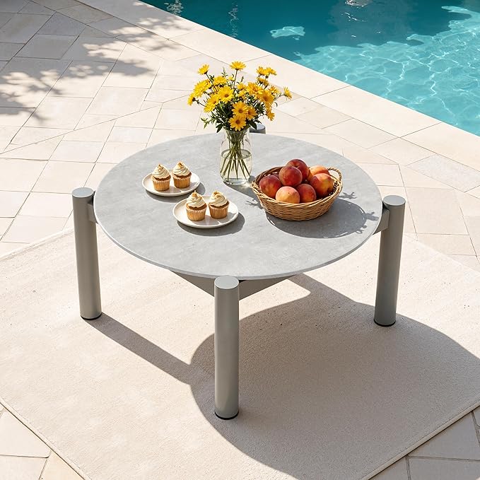 Patio Coffee Table, Aluminum Outdoor Round Table Weather Resistant, Patio Furniture Table for Garden, Balcony, Poolside, Gray