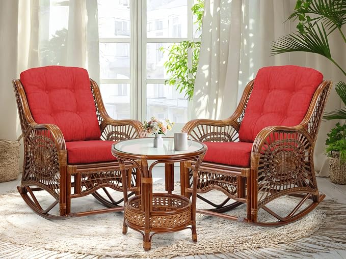 Malibu Handmade Natural Rattan Living Room Set of 2 Rocking Lounge Chairs and Round Coffee Table with Glass, Colonial Color, Red Cushions
