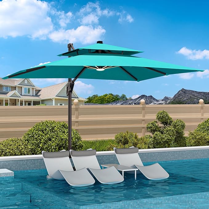 9' X 12' Cantilever Patio Umbrella with Led Lights Double Top Rectangular Outdoor Large Offset Umbrellas with 7 Tilts Adjustable 360°Rotation for Deck Pool Garden Backyard, Turquoise
