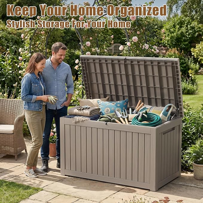 280 Gallon Outdoor Storage Box, Extra Large Resin Deck Box, Waterproof Lockable Storage Container, XXL Storage Bins with Lids for Patio furniture, Garden Tools, Grey