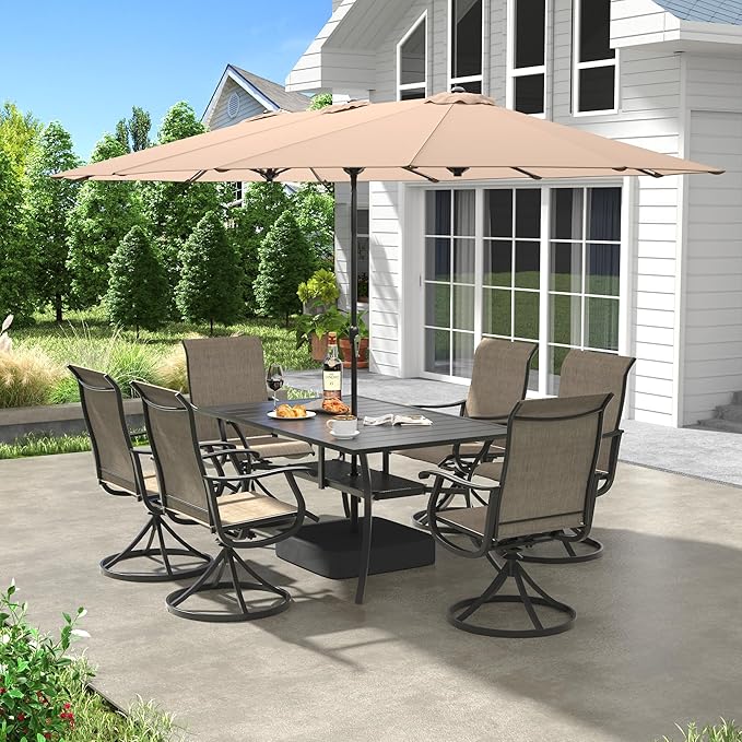 VICLLAX 8 Pieces Patio Dining Set with Patio Umbrella, 6 Patio Swivel Chairs and Metal Patio Table with 15ft Wheat Outdoor Umbrella for Backyard, Mixed Brown Chairs & Black Tabletop
