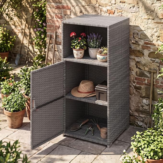 Tangkula Rattan Outdoor Storage Cabinet, Patiojoy PE Wicker Outdoor Cabinet with 3 Storage Shelves, Open Compartment and Door, Patio Storage Deck Box for Porch, Poolside, Backyard