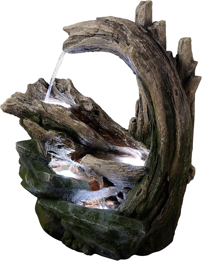 Teamson Home Organic Forest Stream Outdoor Water Fountain–Cool Glow Lighting with Adjustable Flow & Electric Pump, Gray