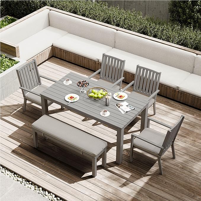 RoyalCraft Aluminum 6 Pieces Patio Dining Sets, Outdoor Dining Table with 4 Chairs and Bench, Outdoor Patio Dining Furniture Set with Removable Cushion for Lawn, Garden, Backyard, Gray