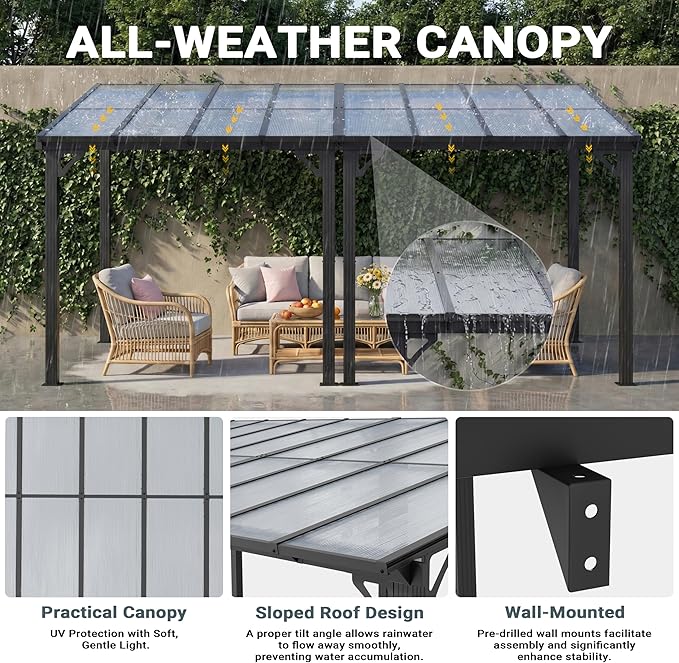 AirWire 10x16 FT Gazebo, Pergola Awnings for Patio with Hardtop Gazebos on Clearance, Patio Covers for Shade and Rain, Lean to Gazebo Sunroom Patio Canopy Outdoor Pergolas for Patios, Decks, Backyard