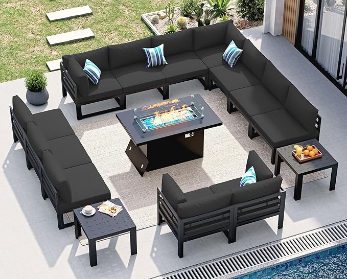 NICESOUL 12 Seat Large Aluminum Patio Conversation Set with Firepit & Side Table, 29" Deep Wide Seating, Modular Sectional Couch, 500 lbs Heavy Duty All Weather Outdoor Sofa for Backyard Deck, Black