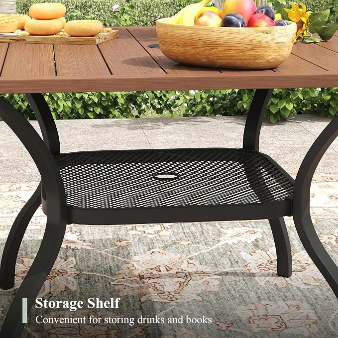 5 Pieces Outdoor Dining Set, Stackable Textilene Paito Chairs & 37.8" Square Dining Table with Umbrella Hole and Shelf, Patio Dining Set for Backyard, Deck, Garden, Brown & Walnut