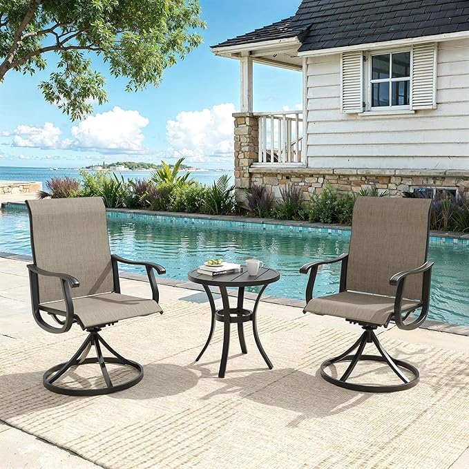 VICLLAX Patio 3 Pieces Outdoor Bistro Side Table Dining Set, Small Patio End Table Round Coffee Table and 2 Swivel Textilene Chairs for Lawn,Garden,Porch,Black/Brown