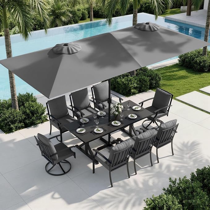 10 Piece Outdoor Dining Set for 8, Patio Table and Chairs Set with Umbrella & Cushions, Patio Furniture Set with 2 Swivel Chairs, Metal Dining Table with Umbrella Hole for Lawn Garden Yard-Grey