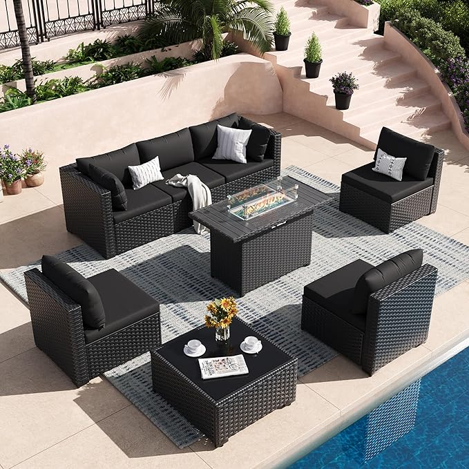 8 Piece Patio Furniture Set with 43" Fire Pit Table, Outdoor Sectional Wicker Rattan Sofa Set with Coffee Table (Black/Black)