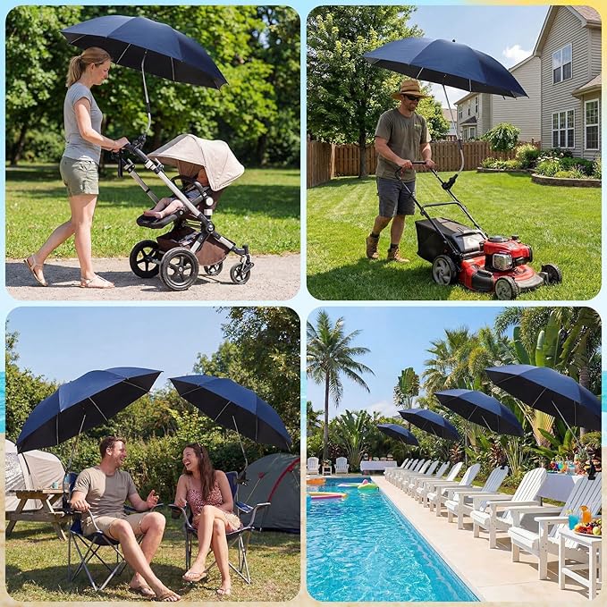 2 Pcs Beach Umbrella with Clamp UV Protection 48 Inch Adjustable Umbrellas for Chair with 360° Universal Clamps for Beach Camping Stroller Wheelchair, Chair Not Included(Deep Blue)