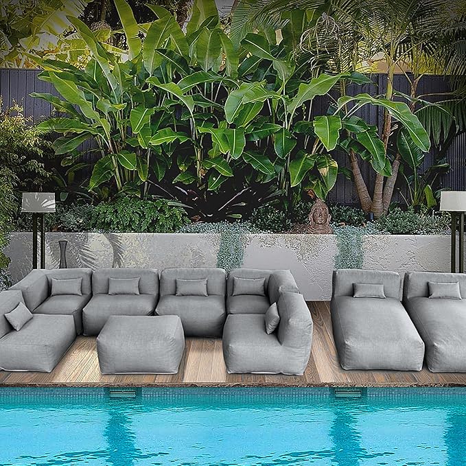Patio Furniture Set Bean Bag 9 Pieces Outdoor Chairs Sectional Conversation Patio Set Daybed Furniture Outdoor Sofa Couch High Density Foam Filling Modern Comfy Patio Couch, Dark Gray