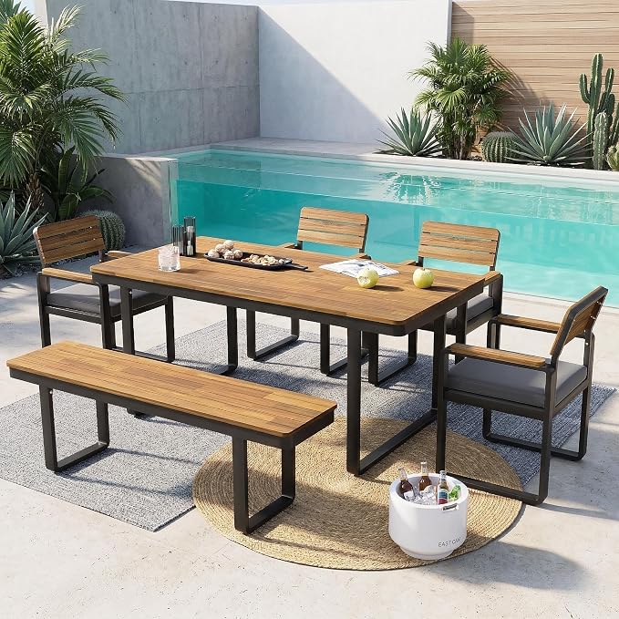 NicBex 6-Piece Patio Dining Set, Outdoor Table and Chairs for 6, Acacia Wood & Metal Frame with Umbrella Hole, Comfortable Cushions & Adjustable Feet, for Garden, Backyard, or Porch, Gray Cushions