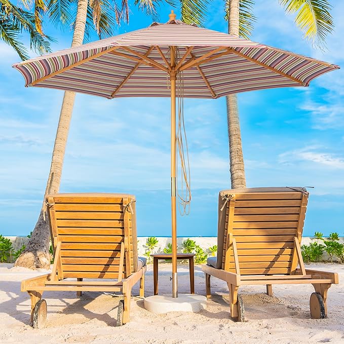 9ft Wooden Umbrella, Outdoor Patio Umbrella, Wood Market Umbrella, Patio Umbrella Wood Pole with Pulley Lift for Garden, Yard, Deck, Pool, Market