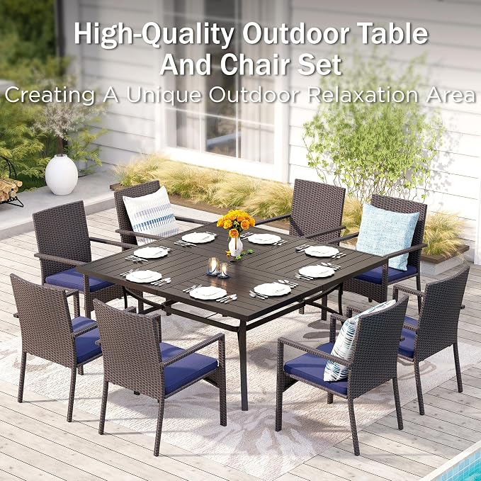 PHI VILLA 9 Pieces Square Outdoor Dining Set for 8, Large Metal Dining Table & Rattan Wicker Chairs with Cushions, Dining Furniture Set for Patio, Deck, Yard, Porch