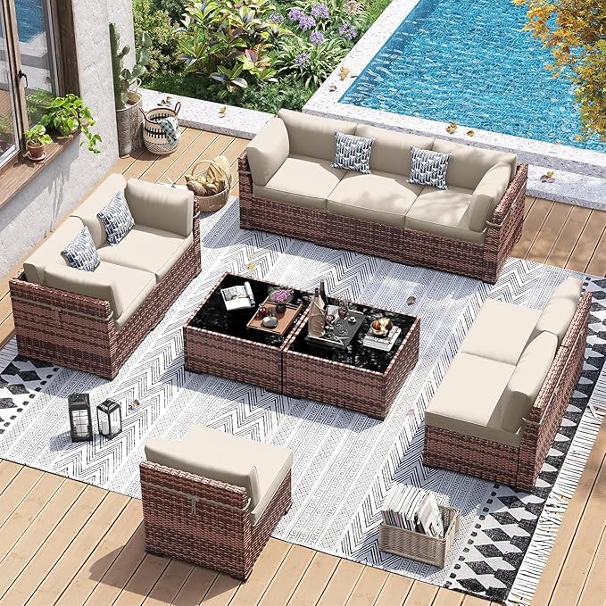 UDPATIO Patio Furniture Set, Modular Outdoor Sectional with 105°Slanted Back, 10 Pieces Rattan Conversation Set for Poolside, Backyard, Deck, with Coffee Table, Waterproof Cover,Khaki