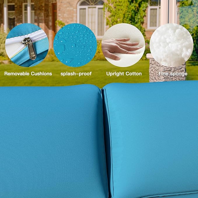 7 Pieces Outdoor Patio Furniture Sets,Wicker Conversation Set Sectional Sofa,Includes 6 All-Weather High Back PE Rattan Seating Components w/Thickened Cushions&Coffee Table,Green Blue