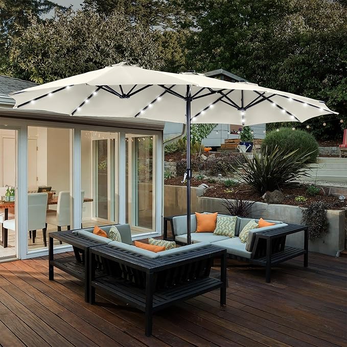 HERA'S PALACE 15ft Patio Umbrella with Base Included Double Sided Outdoor Umbrella for Patio Table Umbrella Outdoor 36 LED Solar Lights for Garden