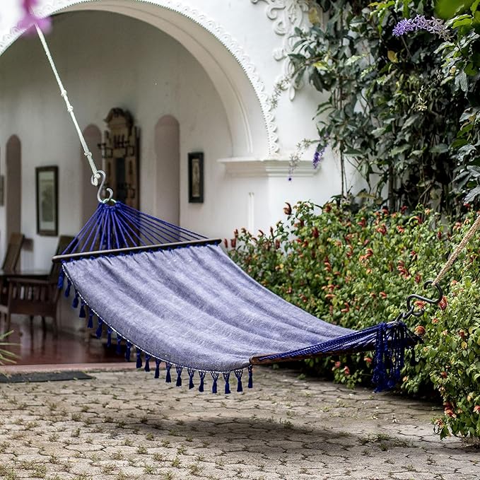 NOVICA Purple Cotton Fabric 1 Person Brazilian Style Hammock with Spreader Bars and Knotted Crochet Fringe, 'Take Me to The Stars' (Single)