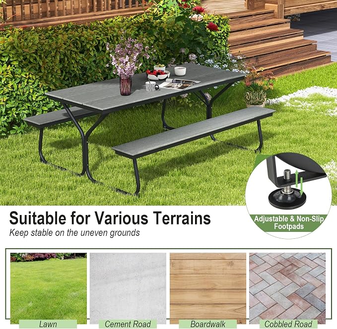 Tangkula 6 Ft HDPE Picnic Table, Plastic Picnic Table with 2 Benches, Umbrella Hole, Heavy-Duty Metal Frame, 8 Adjustable Foot Pads, 6-8 Person Outside Table Bench Set, 2550 lbs Capacity