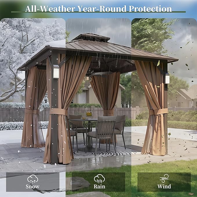 Aoxun 10'x10' Hardtop Gazebo with 4 LED Lights, Outdoor Gazebo with Galvanized Steel Double Roof, Patio Gazebo with Breathable Netting & Privacy Curtain, Decor Hooks for Backyard, Brown