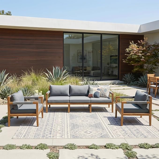 JIVOIT 3 Pieces Outdoor Rope Woven Sectional Sofa Set, Solid Acacia Wood Patio Conversation Set with Three-Seater Sofa and 2 Armchairs, Removable Cushions for Backyard, Deck and Poolside (Grey/24)