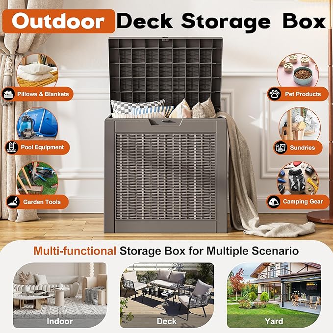 Outdoor Storage Box, Resin Deck Boxes Indoor and outdoor, Waterproof Storage Box Lockable Lid (Grey,32 Gallon)