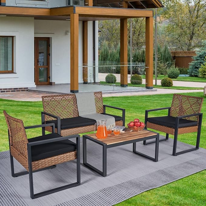 4 Pieces Patio Furniture Set Outdoor Furniture Set with Table, Wicker Patio Conversation Sets with Soft Cushion with 1 Spacious Souble Chair and 2 Single Chairs for Home, Garden, Lawn (Light Brown)