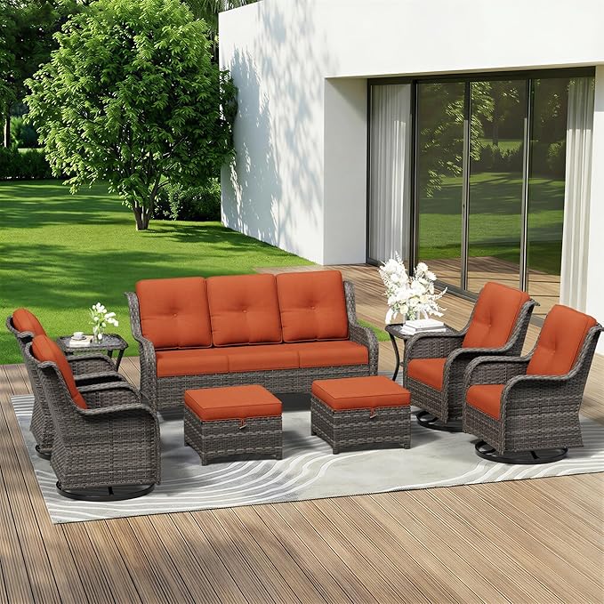 9 Piece Outdoor Wicker Patio Furniture Set, Outdoor Swivel Rocker Patio Chairs Set with Thickened Olefin Cushions, High Back and Deep Seating, Hand-Woven PE Rattan for Porch, Deck