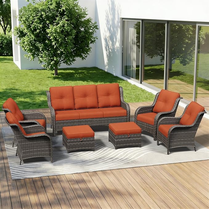 7 Piece Outdoor Wicker Patio Furniture Set, Patio Chairs Set with Thickened Olefin Cushions, High Back and Deep Seating, Hand-Woven PE Rattan, Ottoman for Porch, Deck