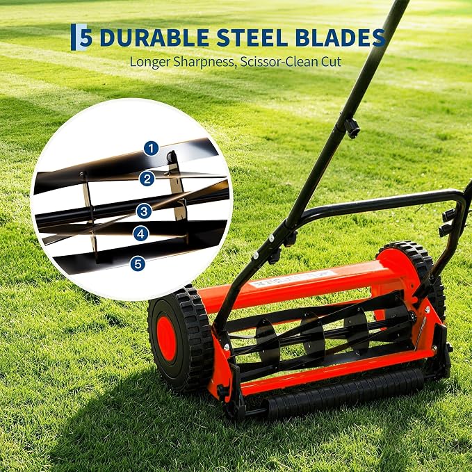 GlowSol Lightweight 5-Blade 16 inches Manual Push Reel Lawn Mower, 0.4-4in Adjustable Cutting Height, Quiet & Compact, Easy Assembly – Ideal for Small to Medium Yards – Red