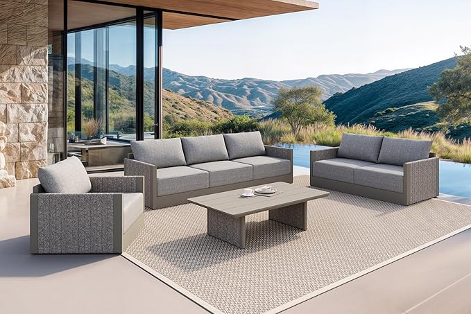 PURPLE LEAF Patio Furniture Set 7 Pieces Outdoor Conversation Sets PP Rope Patio Sofa with Cushions and Table Manual Weaving Deep Seating Furniture for Porch Lawn Beige