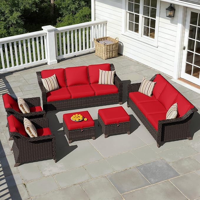 6 Pieces Patio Conversation Furniture Set - 2 Sofas, 2 Armchairs, 2 Ottomans, Outdoor Wicker Furniture with Removable Cushions for Porch, Balcony, Sunroom (Red)