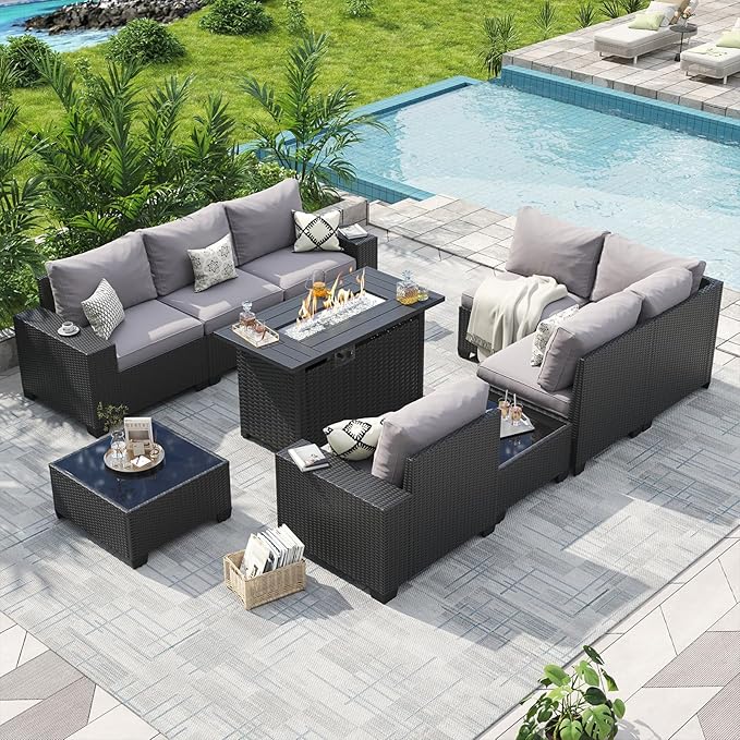 Aoxun Patio Furniture Sets with 44'' Fire Pit, 10 Pcs Outdoor Patio Coversation Set with 4'' Thicken Cushion, Widen Armrests Wicker Outdoor Sectional for Backyard (Waterproof Cover Include)