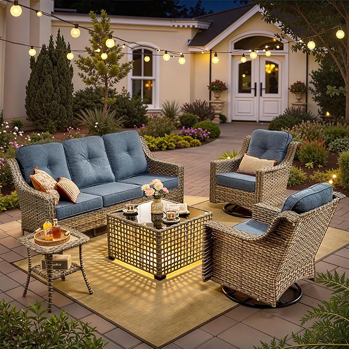 HOOOWOOO Patio Furniture Set,5 Pieces Wicker Outdoor Furniture,High Back Conversation Set with All Weather Resistant Solar Light Table Couch Swivel Chairs,Denim Blue