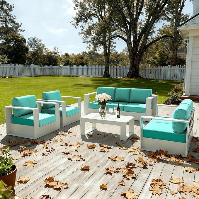 LayinSun Oversized Aluminum Outdoor Furniture Set, 4 Piece Patio Sofa Sets with Coffee Table, Deep Seating and Upgraded 6-inch Cushions for Porch, Balcony, Deck