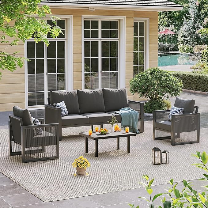 UDPATIO Aluminum Patio Furniture Set with Coffee Table, 4 Piece Modern Aluminum Outdoor Furniture, Patio Conversation Sets with Thickend Cushions and PE Rope, for Garden, Porch, Balcony, Black Grey