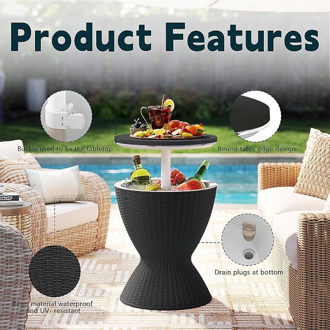 ROJIK 3-in-1 Resin Ice Bucket & Beverage Cooler – Wood Look Patio Table, UV Protection & Drain Plug for Outdoor Parties, Bars, and Poolside Use