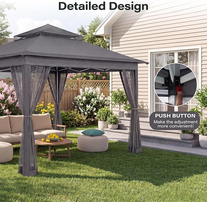 LAUSAINT HOME 12x12 Pop Up Gazebo Canopy Tent with Mosquito Netting, Instant One-Push Setup, Adjustable Height Outdoor Canopy Shelter with Carry Bag for Patio, Backyard, Camping, Parties & BBQs, Gray