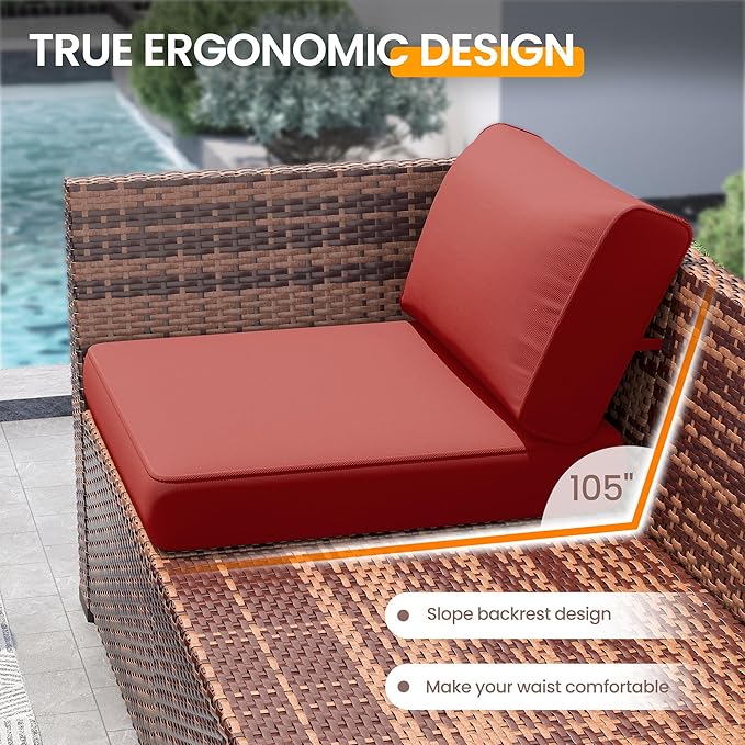 UDPATIO Patio Furniture Set, Modular Outdoor Sectional with 105°Slanted Back, 5 Pieces Rattan Conversation Set for Poolside, Backyard, Deck, with Coffee Table, Waterproof Cover, Red