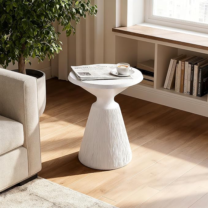 Stone Side Table,Round Faux Marble Side Table,Modern Small Stone End Table for Balcony (White-16.7"-3)