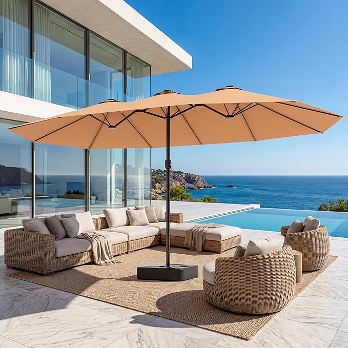 EO Living 15ft Large Patio Umbrella, Double-Sided Rectangle Outdoor Umbrella with Base Included, Table Umbrella for Poolside Deck Market (Beige)