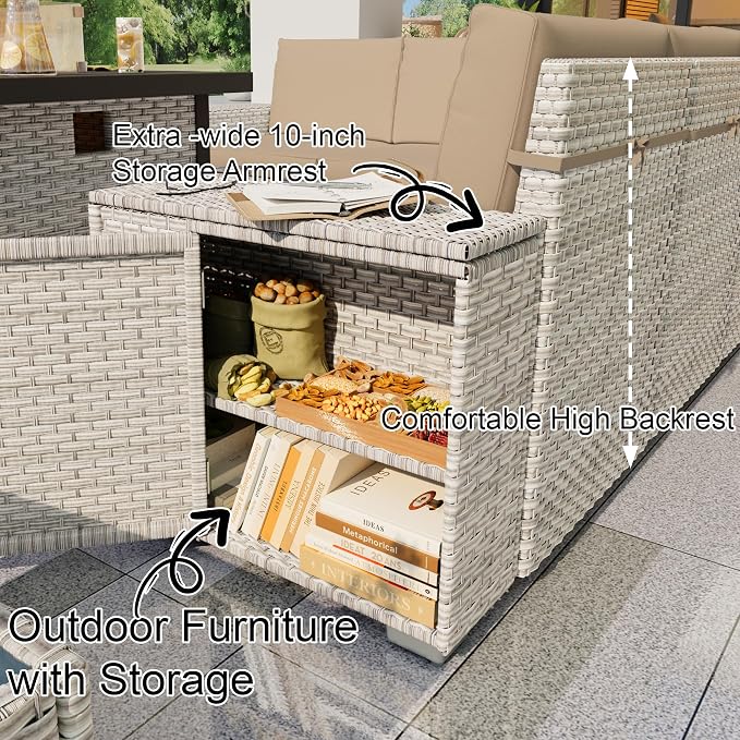 13 Pieces Patio Furniture Set, Outdoor Modular Sectional Couch Conversation Set with Wide Armrests, Wicker Seating Group Sofa with Coffee Table and Fire Pit for Backyard Balcony (Khaki Cushions)