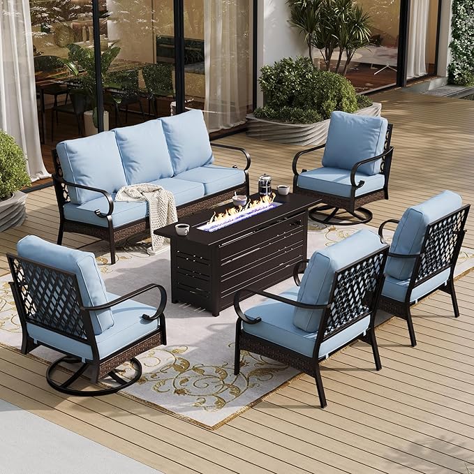 6 Piece Black Metal Outdoor Patio Furniture Sets with Firepit Table, Patio Conversation Sets 1 3-Seater Sofa, 2 Leg Chair and 2 Swivel Chair with 5.75" Cushion for Backyard Deck, Blue
