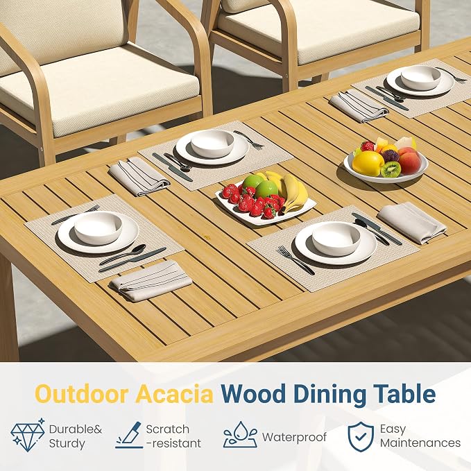 FansaFurn 3-Piece Acacia Patio Table and Chairs Set for All-Weather, Outside Furniture with Table Umbrella Hole and Removable Cushion, Patio Furniture Set with Outdoor Bench for Garden Lawn, Beige