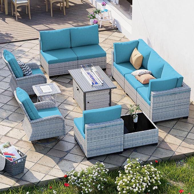 11-Piece Patio Furniture Set, Outdoor Patio Furniture with 55,000 BTU Fire Pit Table, Swivel Chairs Set, Thick Cushions, Modular Patio Sofa, Dual-Strand Wicker Rattan, Rust-Resistant Frame, Blue